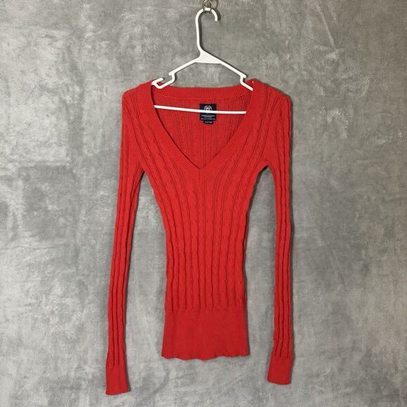Y2K Vintage American Eagle Cable Knit V-neck Sweater Womens XS Red Slim Fit - Picture 1 of 9